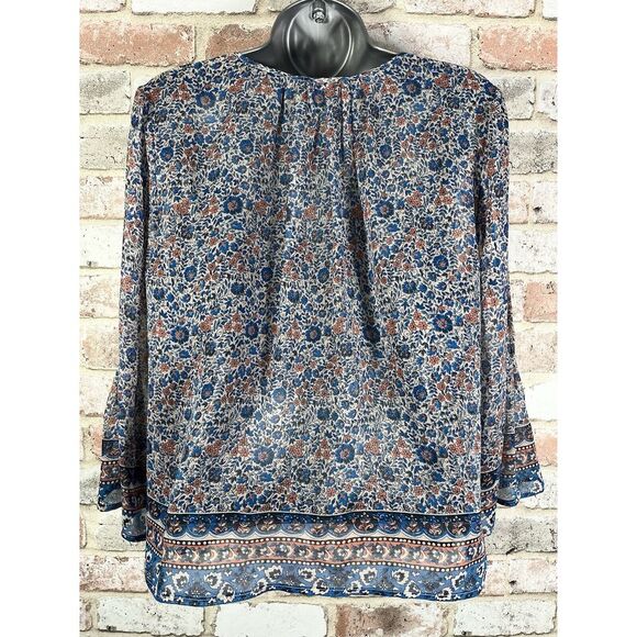 Joie 100% Silk Blue Pink Floral Printed Plunge Neck Boho Tunic Top Size M - Picture 4 of 10